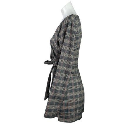 Favlux Women's Gray Plaid Houndstooth Long Sleeve Wrap Ramper Shorts Size M