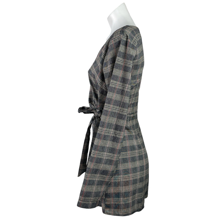 Favlux Women's Gray Plaid Houndstooth Long Sleeve Wrap Ramper Shorts Size M