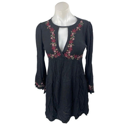 American Eagle Black Floral Embroidered Long Sleeve Cut Out A Line Mini Dress XS