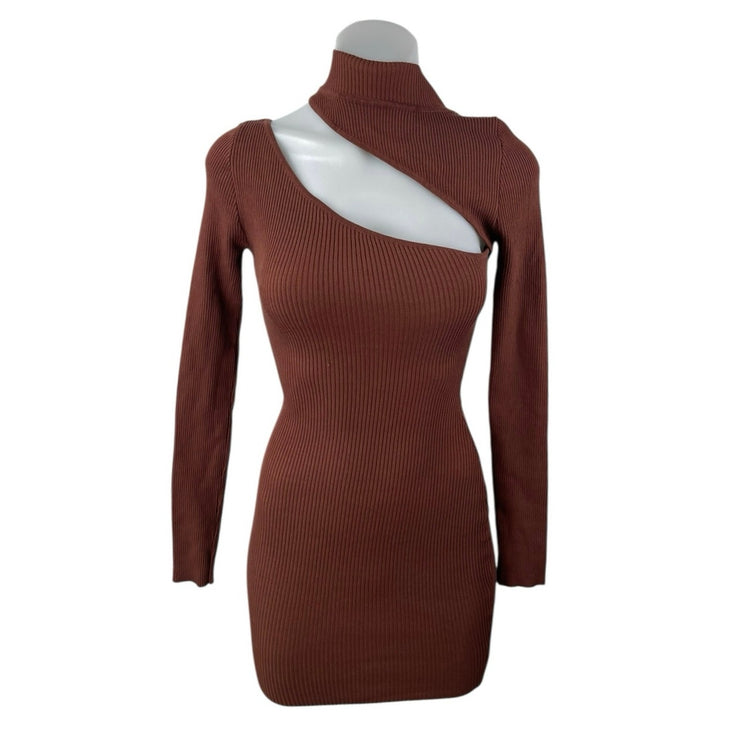 Hera Brown Long Sleeve Cutout Turtleneck Ribbed Knit Mini Bodycon Dress Size S