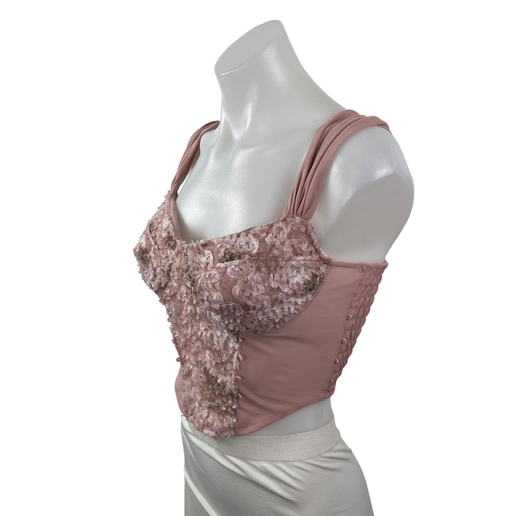 Womens Pink Floral Lace Ruffle Sleeveless Crop Cami Camisole Corset Tank Top S/M