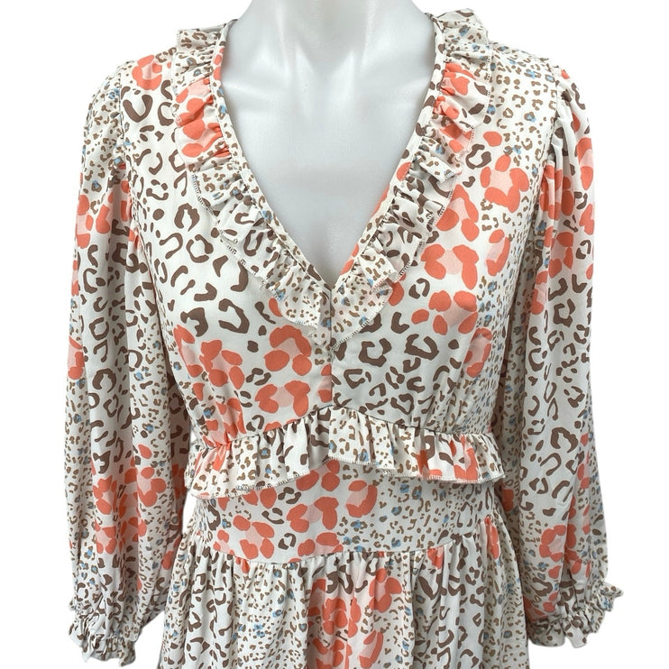 Louna Multicolor Leopard Cheetah Long Sleeve Tiered Mini Fit & Flare Dress Sz S