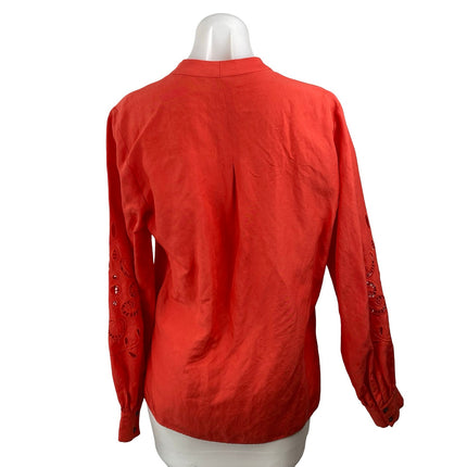 Kobi Halpern Red Linen Eyelet Embroidered Long Sleeve Button Down Shirt Top S
