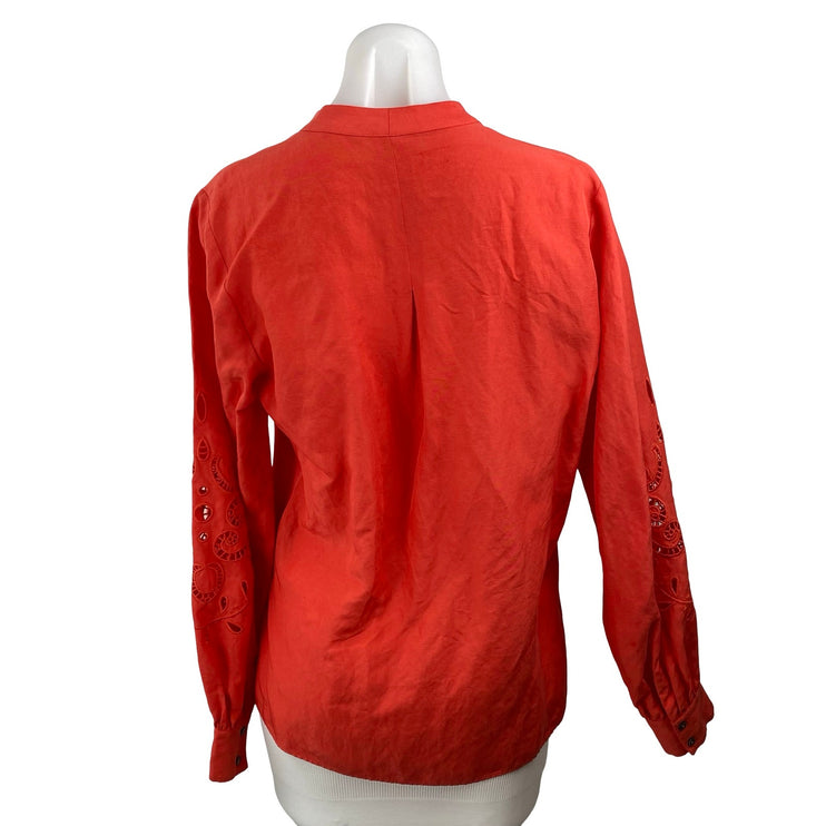 Kobi Halpern Red Linen Eyelet Embroidered Long Sleeve Button Down Shirt Top S