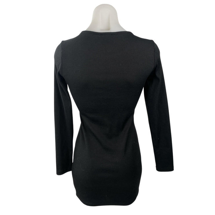 Princess Polly Black Ribbed Knit Round Neck Long Sleeve Mini Bodycon Dress Sz 4