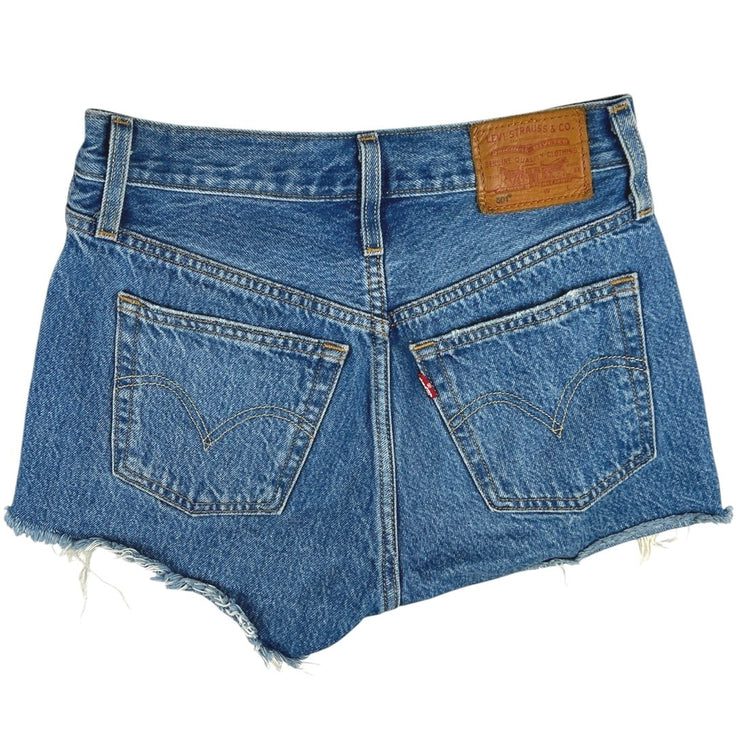 Levi's 501 Blue Distressed Frayed Raw Hem Mid Rise Stretch Denim Jeans Shorts 23