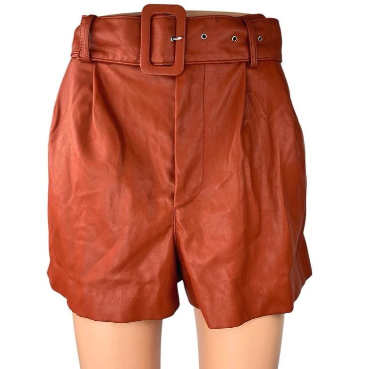 Trafaluc by Zara Brown Faux Leather Vegan Belted High Waisted Shorts Size S