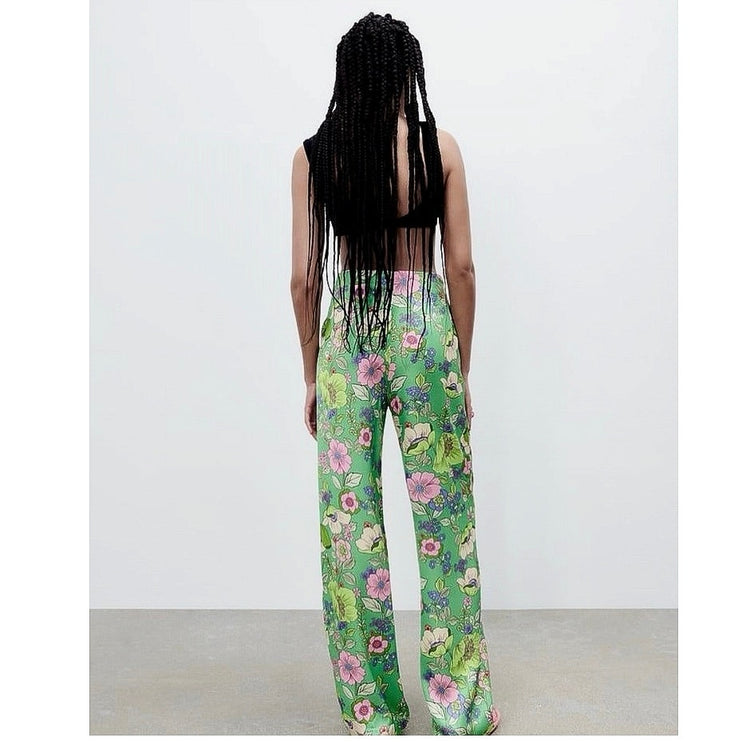 Zara Green Silk Satin Floral High Waisted Boho Wide Leg Trouser Pants Size S