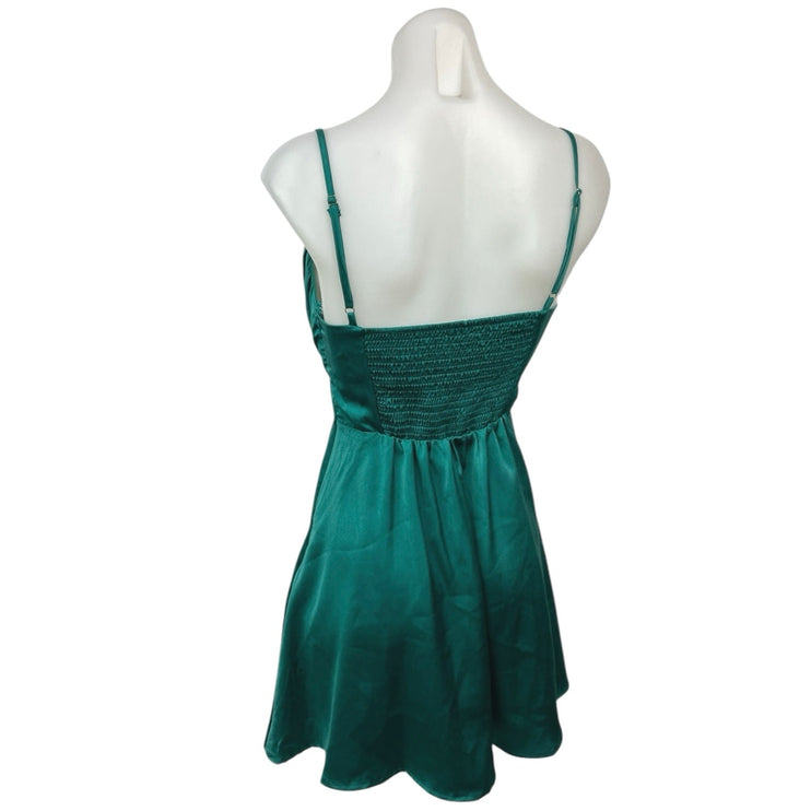 Endless Blu Green Silk Satin Spaghetti Cami Camisole Mini Fit & Flare Dress Sz S