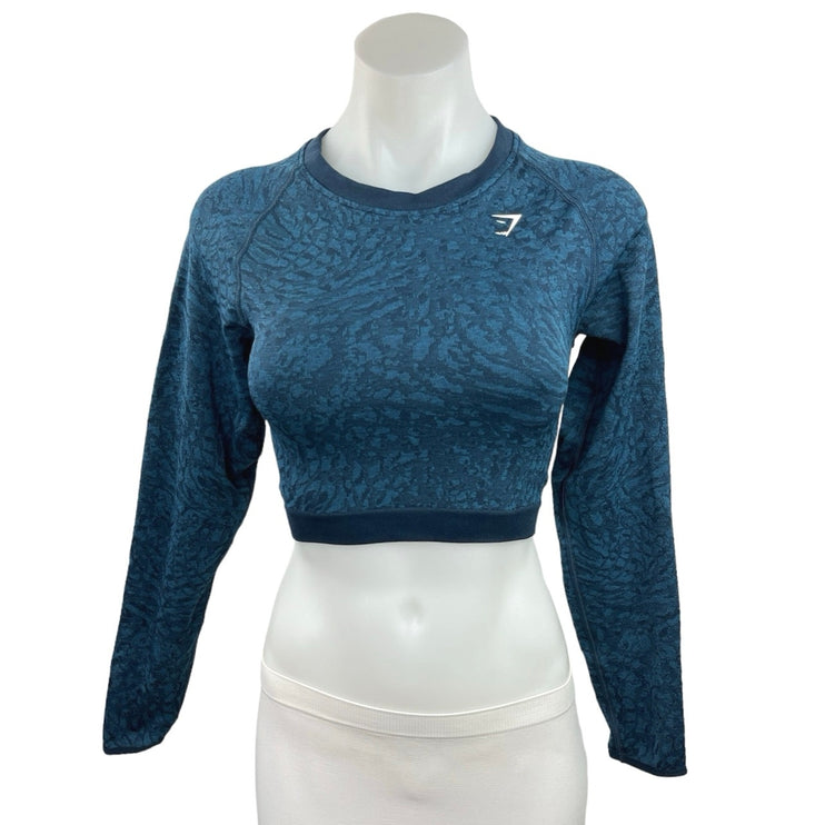 Gymshark Blue Adapt Animal Seamless Lace Up Back Long Sleeve Crew Neck Top Sz M