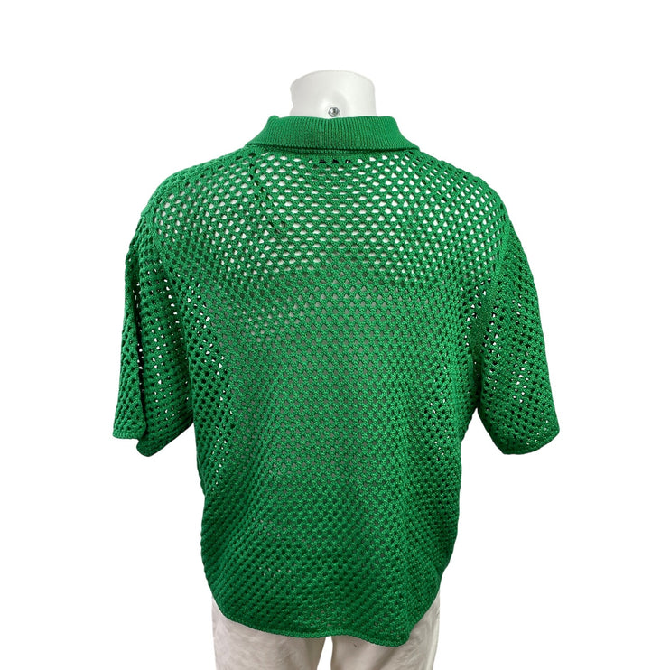 Zara Women's Green Open Knit Crochet Short Sleeve Collared Polo Shirt Top Sz XL