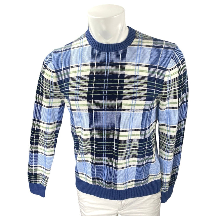 Brooks Brothers Men's Blue Plaid Long Sleeve Crew Neck Knit Sweater Top Size S