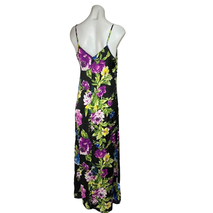 Forever 21 Black Purple Floral V-neck Sleeveless Maxi Spaghetti Strap Dress Sz S