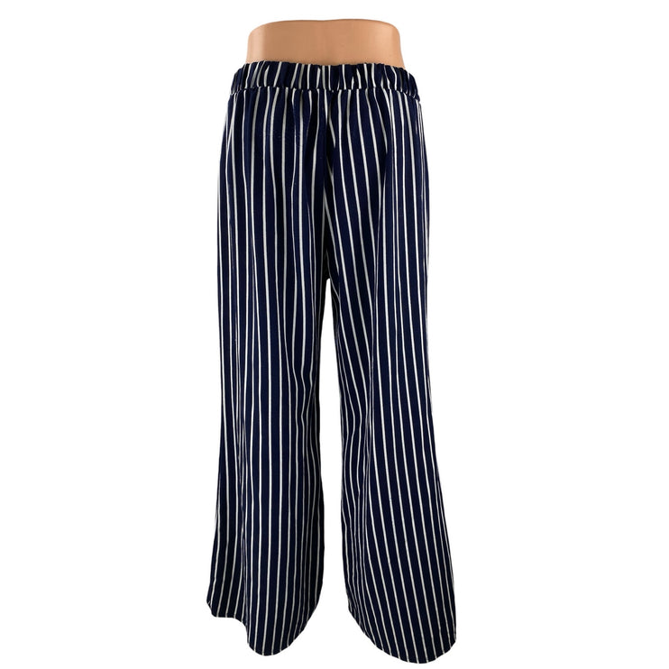 Shop 17 Womens Blue Stripe High Rise Tie Waist Palazzo Wide Leg Trousers Pants M