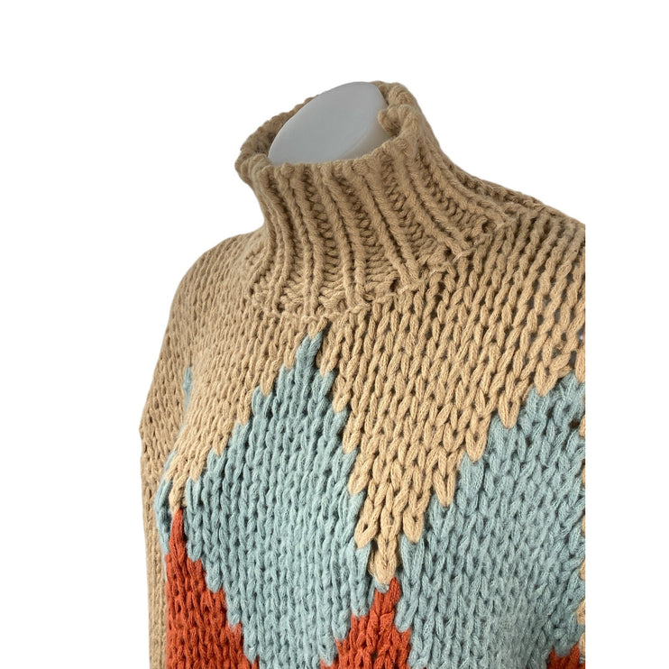Little Lies Women's Tan Argyle Turtleneck Long Sleeve Knit Sweater Top Size S/M