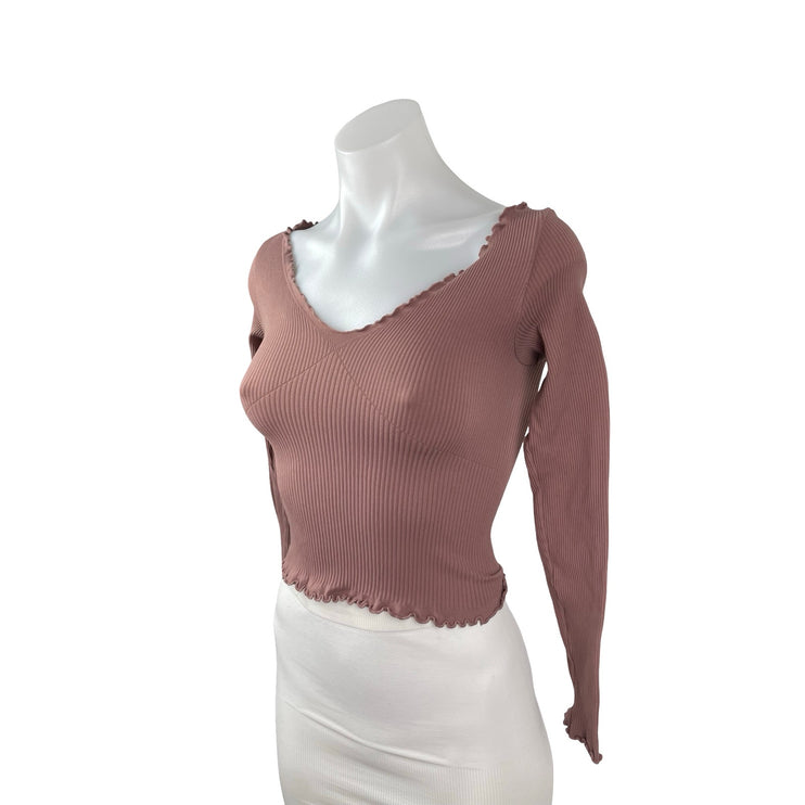 Free People FP Movement Nude Pink Lettuce Rib Knit Long Sleeve Crop Top Sz XS/S
