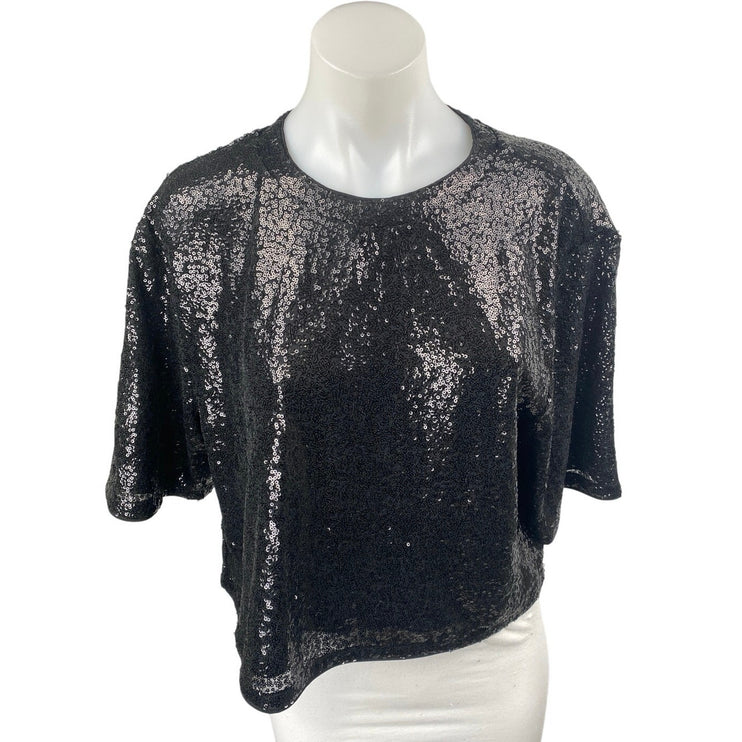H&M Women's Black Sequin Embellished Crewneck Short Sleeve Crop Blouse Top Sz L