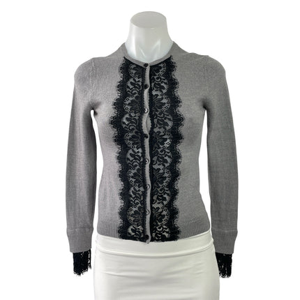 Nanette Lepore Gray Black Lace Trim Long Sleeve Button Down Cardigan Sweater XS