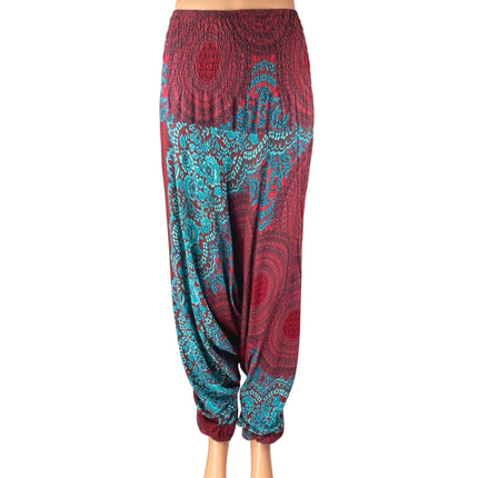 Women's Red Blue Floral Smocked Drapey Tapered Jogger Harem Pants One Size