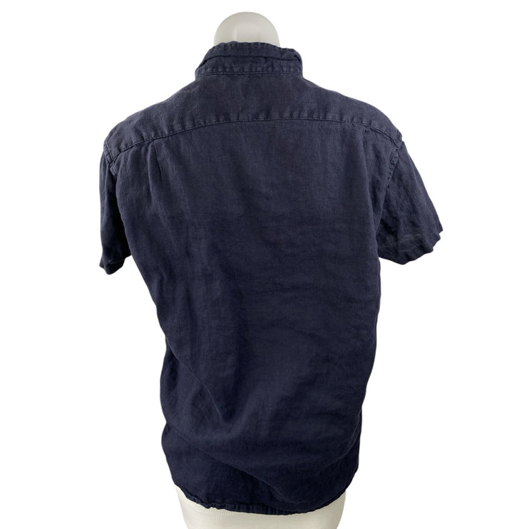 J.Crew Men's Navy Blue Linen Collared Short Sleeve Slim Button Down Shirt Top M