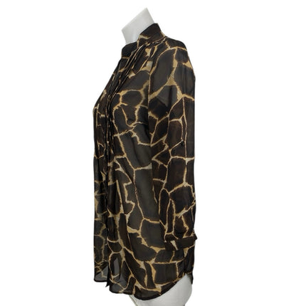 Cleo Women's Brown Printed Pletaed Long Sleeve Button Down Tunic Shirt Top S/P