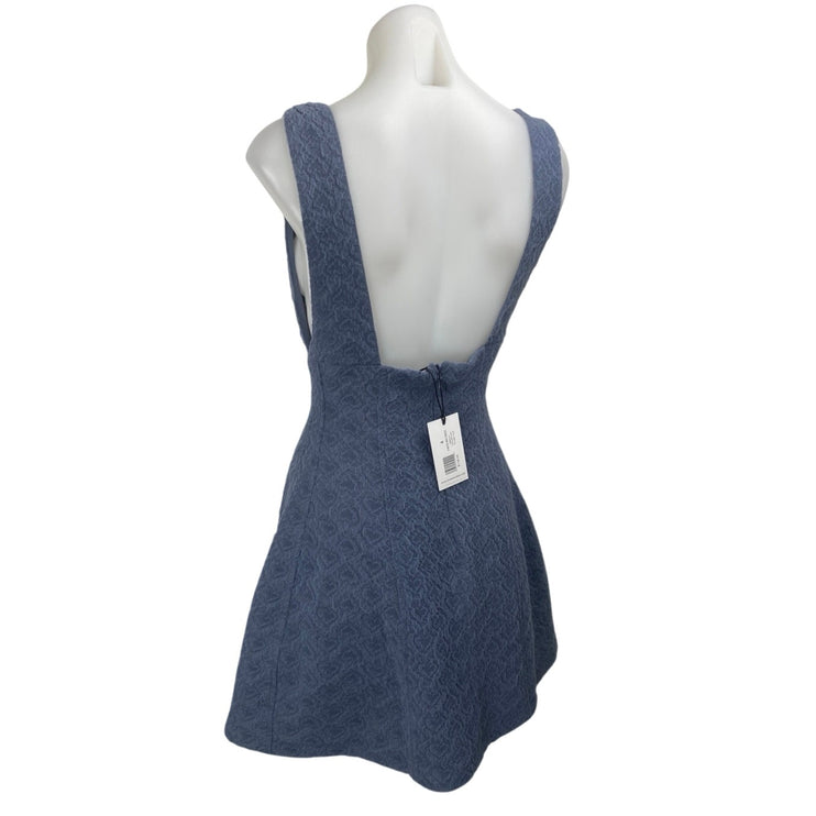 NEW WeWoreWhat Blue Textured Knit Sleeveless Plunge Neck Mini Flared Dress Sz 4