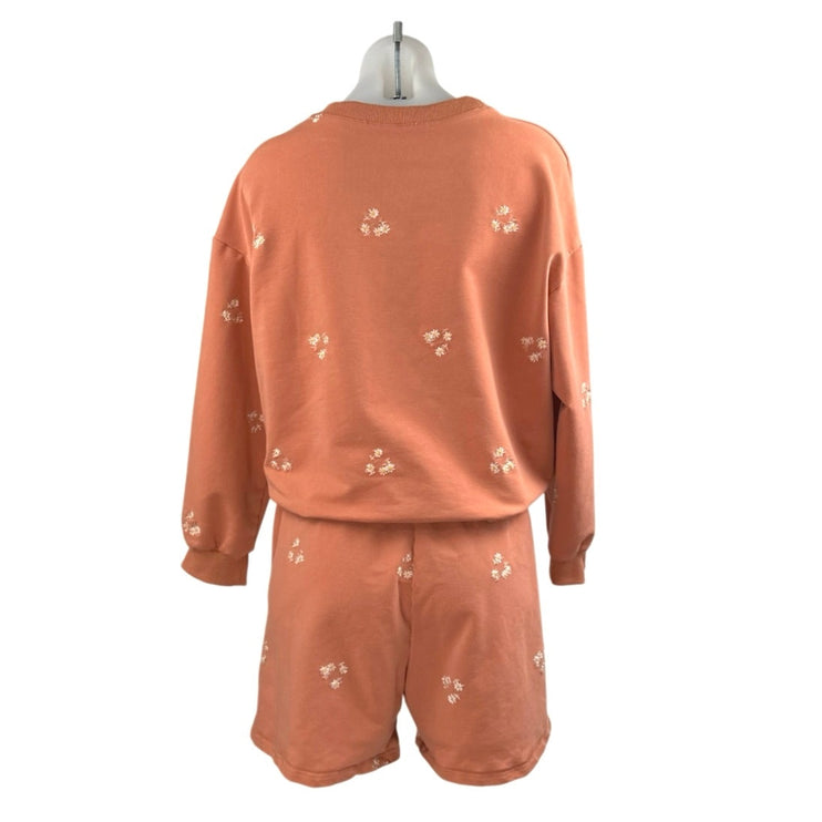 Salitaire Womens Orange Floral Embroidered Long Sleeve Sweatshirt & Shorts Set L