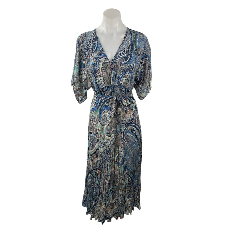 Ba&sh Blue Paisley Print Half Sleeve V Neck Tie Waist A Line Midi Dress Size XS