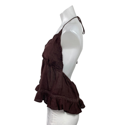 Zara Brown Sleeveless Cami Halter Embroidered Tie Front Ruffle Tank Top Size M