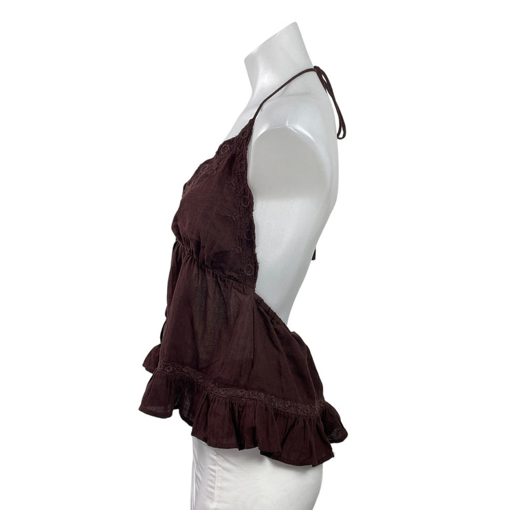 Zara Brown Sleeveless Cami Halter Embroidered Tie Front Ruffle Tank Top Size M