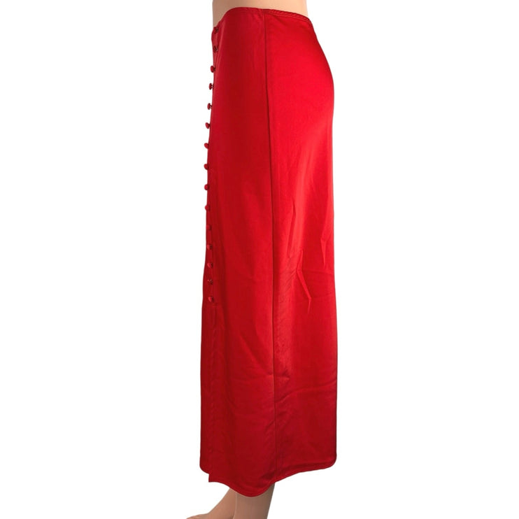 Elodie Red Silky Satin Side Button Calf Length Pencil Straight Slip Skirt Sz XS