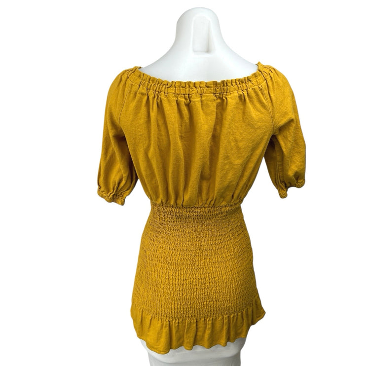 Zara Yellow Off The Shoulder Button Front Smocked Tunic Blouse Top Size XS