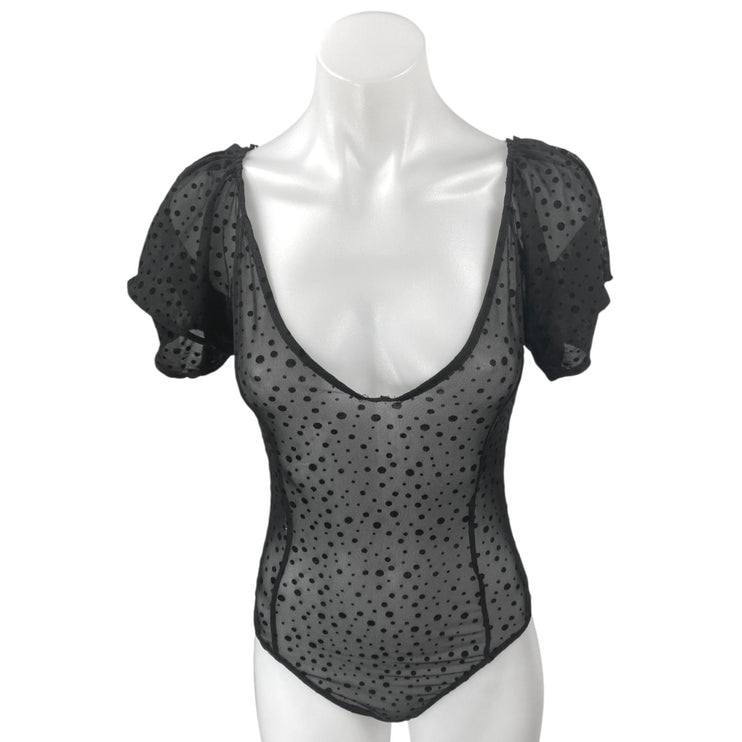 Zara Black Mesh Sheer Short Puff Sleeve Polka Dots Blouse Bodysuit Top Size M