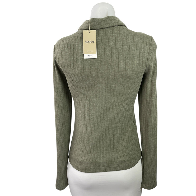 NEW MNG Mango Womens Olive Green Long Sleeve Rib Knit Polo Henley Shirt Top Sz S