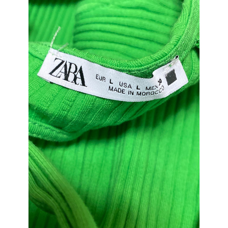 Zara Women's Green Ribbed Knit Sleeveless Open Back Crewneck Tie Tank Top Size L
