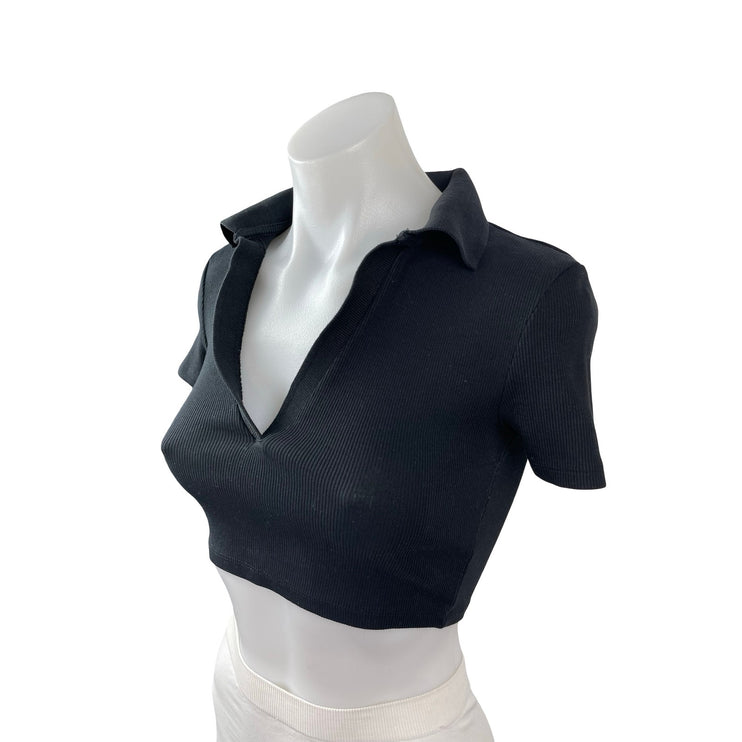 Zara Women's Black Ribbed Knit Short Sleeve V Neck Collared Polo Crop Top Size S