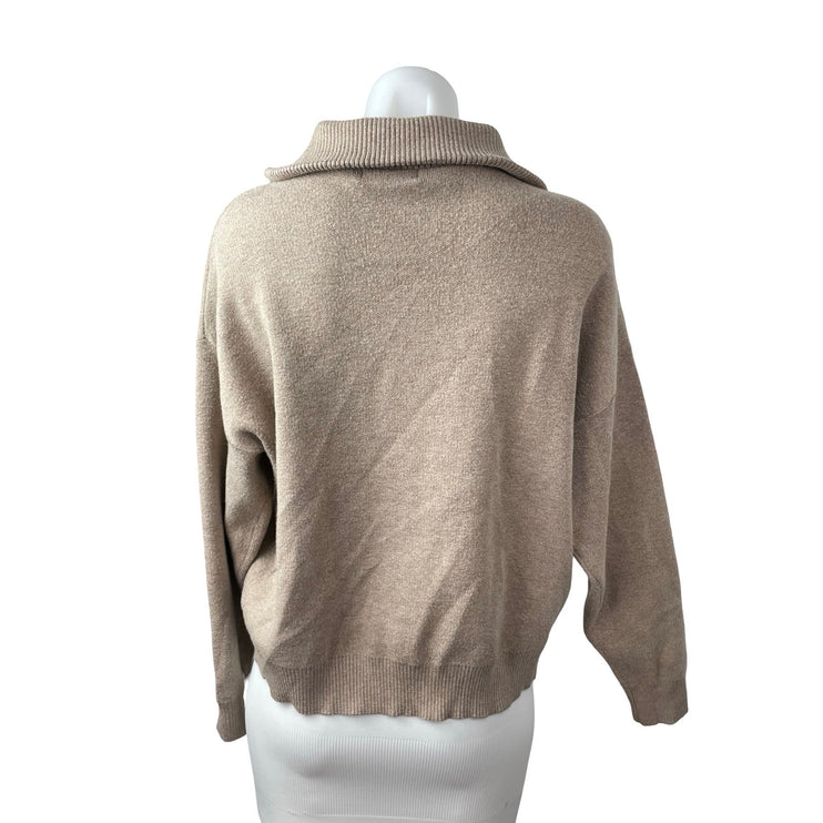 Exquiss's Women's Beige Collared Long Sleeve Half Zip Sweater Sweatshirt Top OS