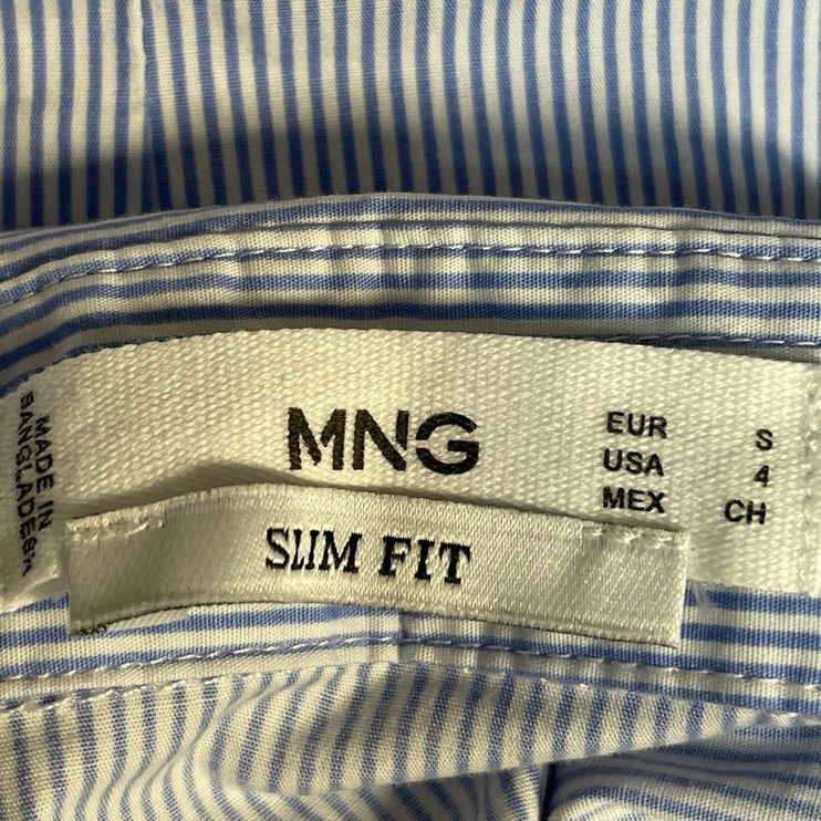 MNG Mango Women's Blue Slim Fit Stripe Long Sleeve Button Down Shirt Top Size 4