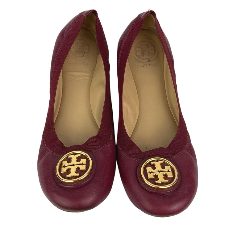 Tory Burch Caroline Maroon Red Leather Elastic Slip On Ballet Flats Shoes Sz 7M