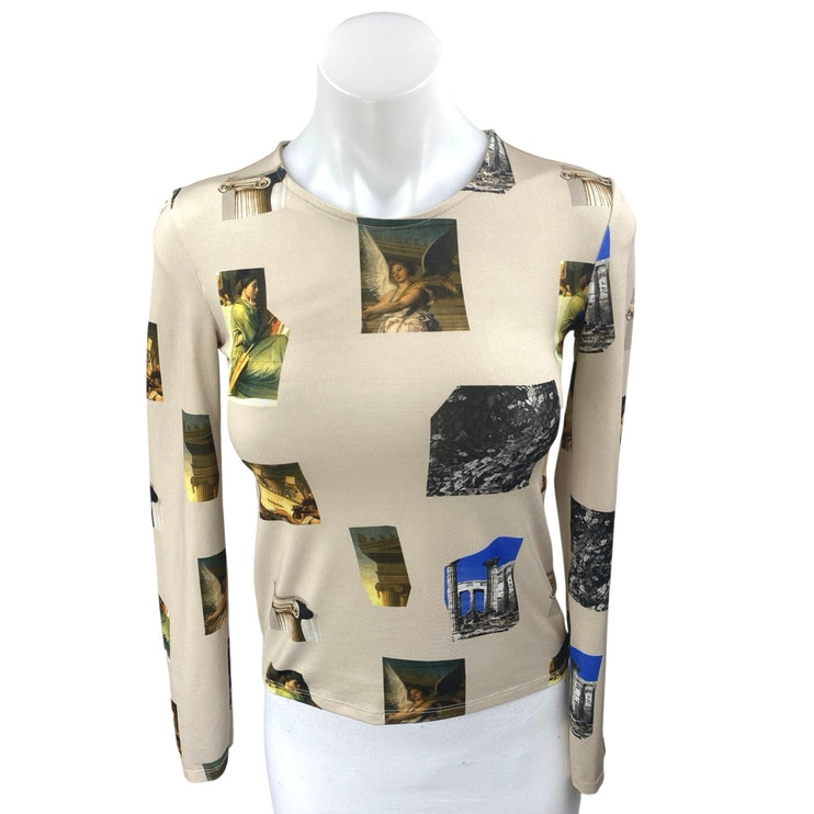 Zara Apotheosis of Homer Beige Long Sleeve Graphic Slim Fit Crop Shirt Top Sz S