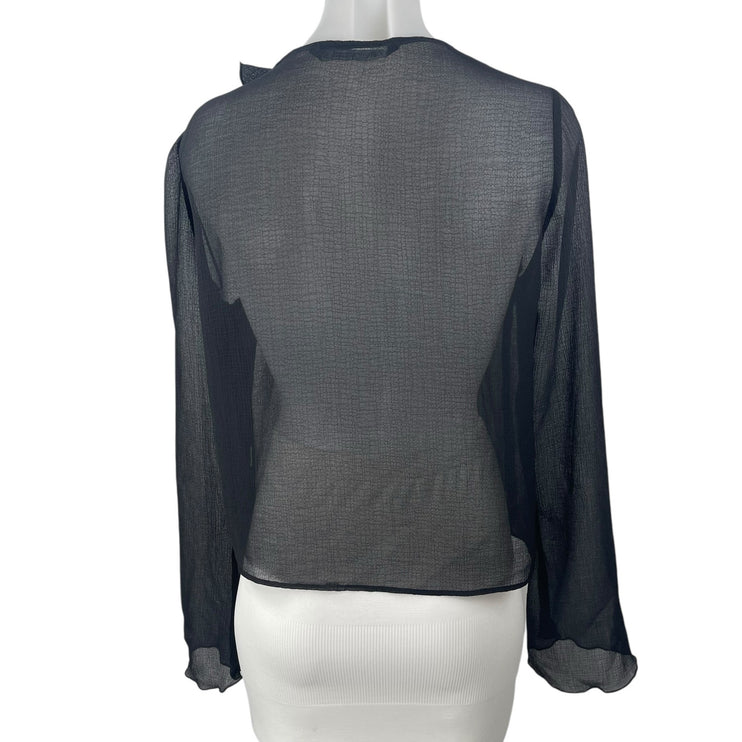 Zara Women's Black Plunge V-neck Ruffle Collar Long Sleeve Sheer Blouse Top Sz M
