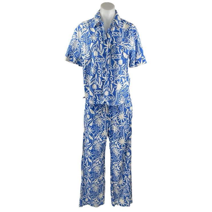 Zara Women's Blue Printed Short Sleeve Shirt & Wide Leg Trousers Matching Set M