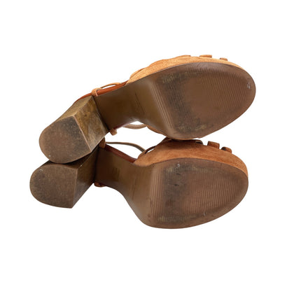 Steve Madden Gingur Chestnut Brown Suede Leather Heels Platform Sandals Size 10