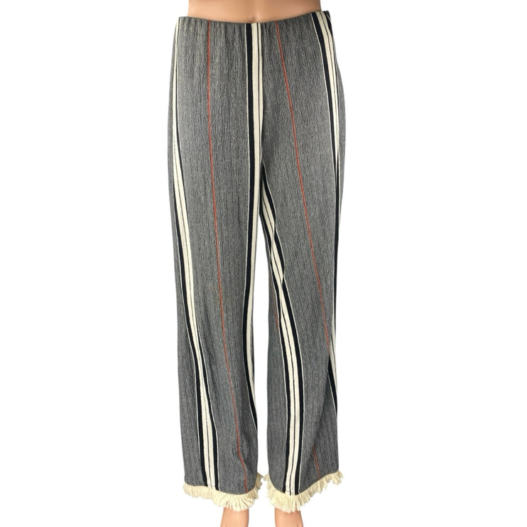 Zara Women's Gray Striped Fringe Elastic Waist Wide Leg Palazzo Trousers Pants M