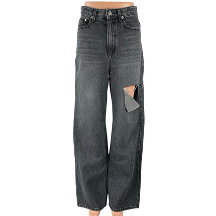 12th Tribe Women's Black Distressed High Rise Wide Leg Baggy Denim Jeans Size S