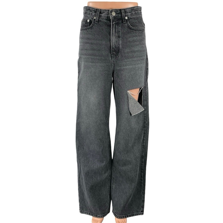 12th Tribe Women's Black Distressed High Rise Wide Leg Baggy Denim Jeans Size S