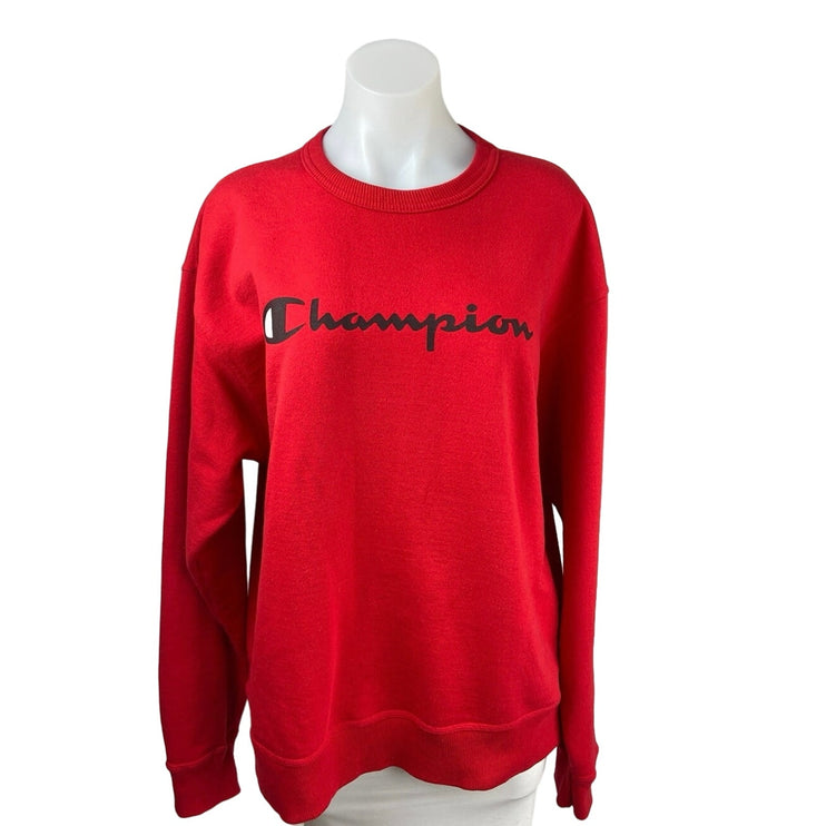 Champion Red Crew Neck Logo Fleece Spell Out Oversized Pullover Sweatshirt Sz L