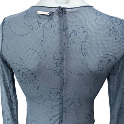 Maniere De Voir Women's Blue Face Sheer Mesh Long Sleeve Bodysuit Top Size 10