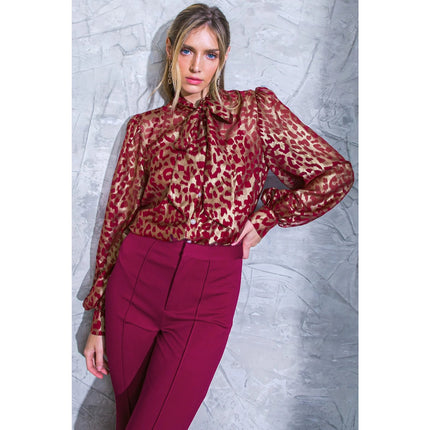 Flying Tomato Red Gold Leopard Semi Sheer Tie Long Sleeve Button Up Shirt Top S