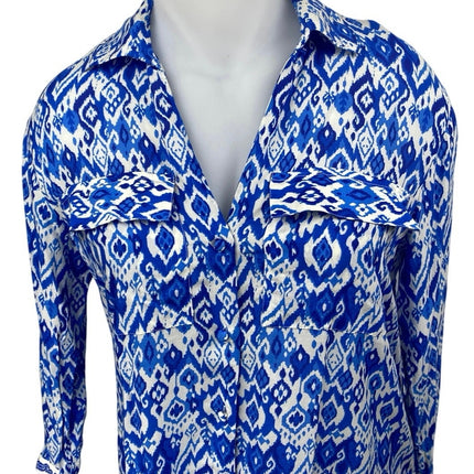 Women's Blue White Long Sleeve Abstract Argyle Button Up Maxi Shirt Dress Size L